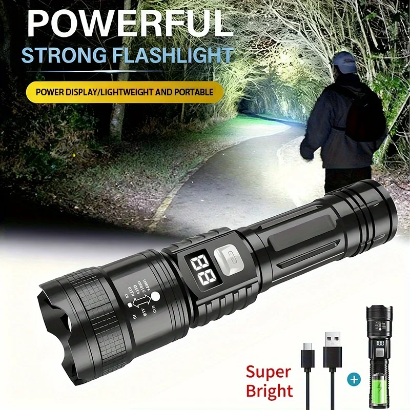 Tactical LED Flashlight 2000LM USB Rechargeable Waterproof Grade Zoom Torch Bright Portable Emergency Light for Camping Outdoor