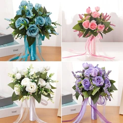 Wedding Bouquet Artificial Rose Hand Bouquet Bridal Holding Flowers For Wedding Bridal Bouquets With Silk Ribbon Home Decoration