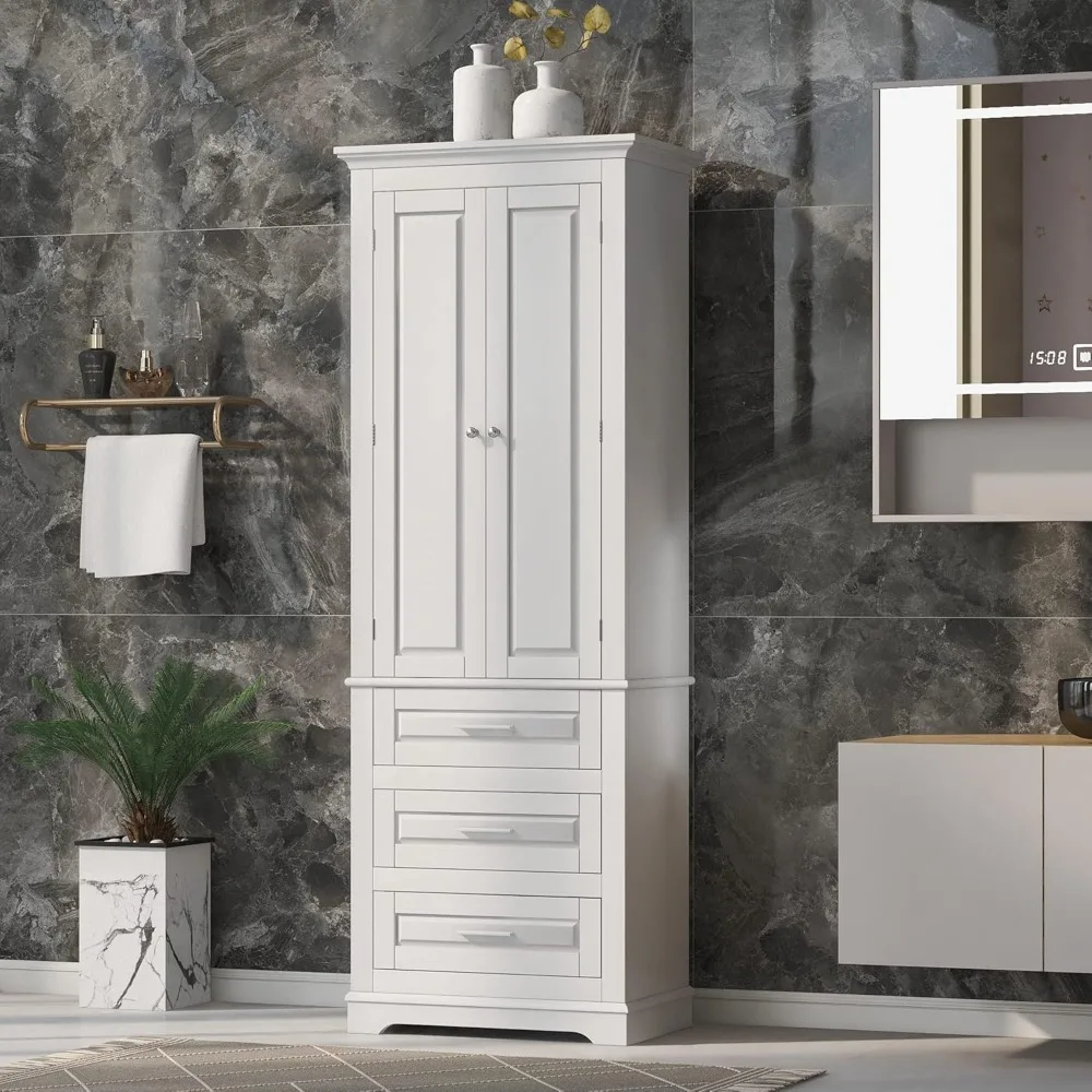 Tall Storage Cabinet with 3 Drawers, 3-Tier Adjustable Shelves & 2 Doors, Floor Freestanding Linen Cabinet for Bathroom