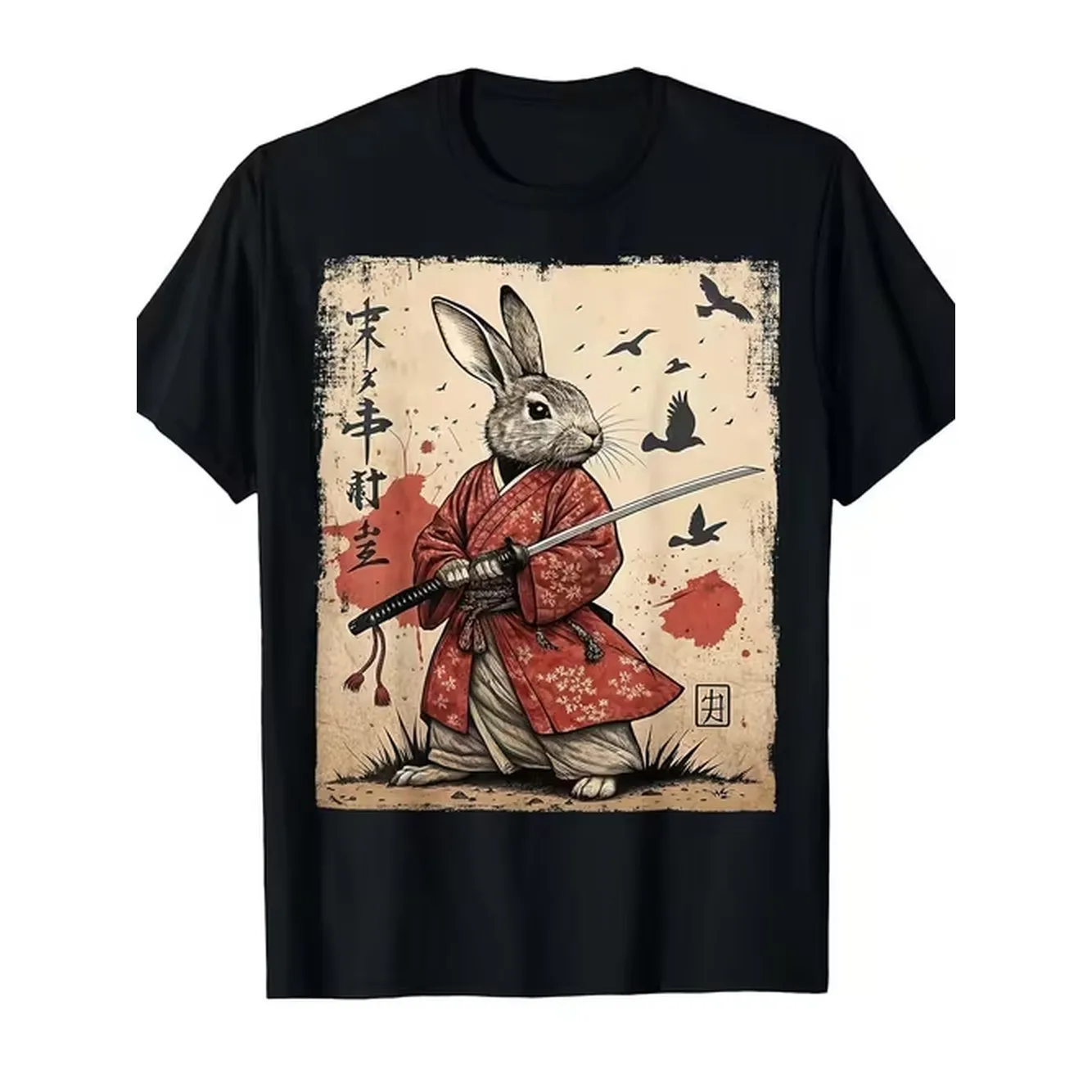 Mens Samurai Rabbit Japanese Anime T Shirt Retro Graphic Tee With Samurai Rabbit Character Casual Short Sleeve Shirt For Casual Attire Comic Fit