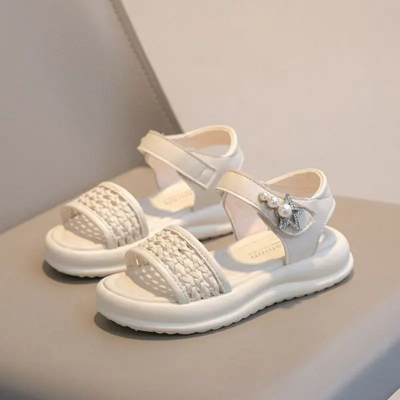 Girl's Leather Woven Hollow Out Thick Sole Sandals Summer New Open Toe Soft Sole Non Slip Anti Odor Fashion Velcro Beach Sandal
