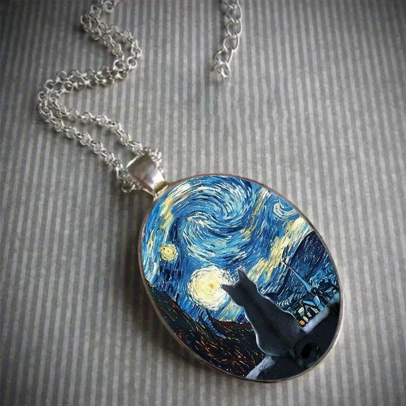 Van Gogh Starry Moon Night Pendant Necklace Women's Versatile European and American Fashion Retro Sweater Chain Jewelry