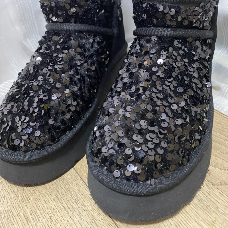 HQF UG Hot Winter Ultra Mini 4CM Platform Snow Boots Black Bling Sequined Cloth Wool Lined Women Fashion Boots Plus Size35-46