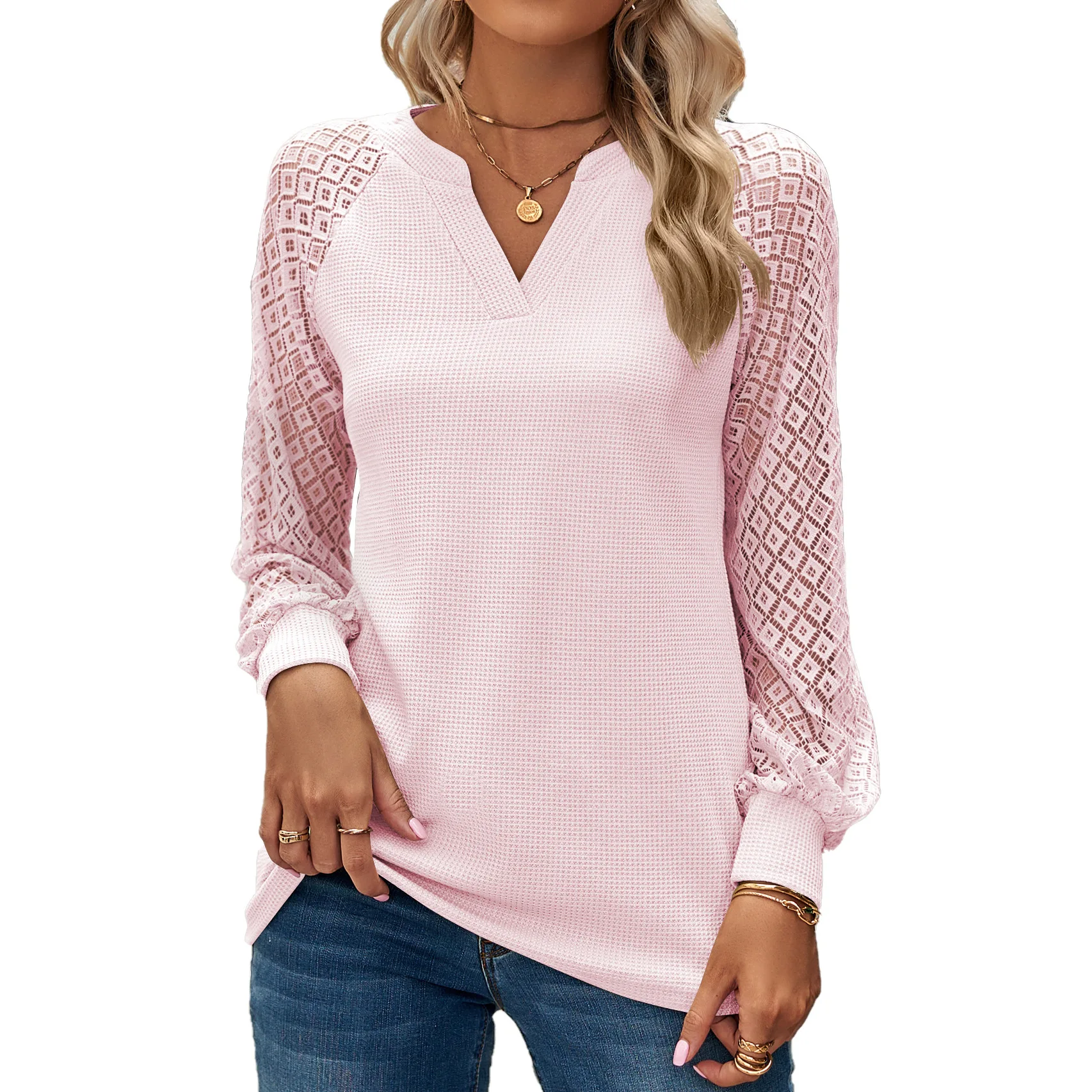 Spring Autumn Pullover V-neck Lace Waffle Patched Long Sleeved V-neck T-shirt Loose Western Style Casual Bottom Female Top