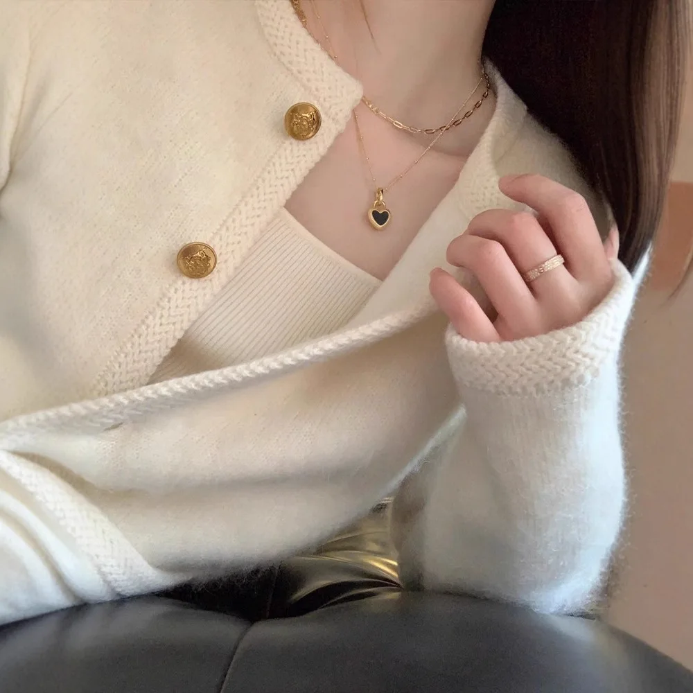 Women  White Knit Cardigan, Crew Neck Gold Button Fuzzy Sweater Coat, Elegant Tweed Style Loose Outerwear