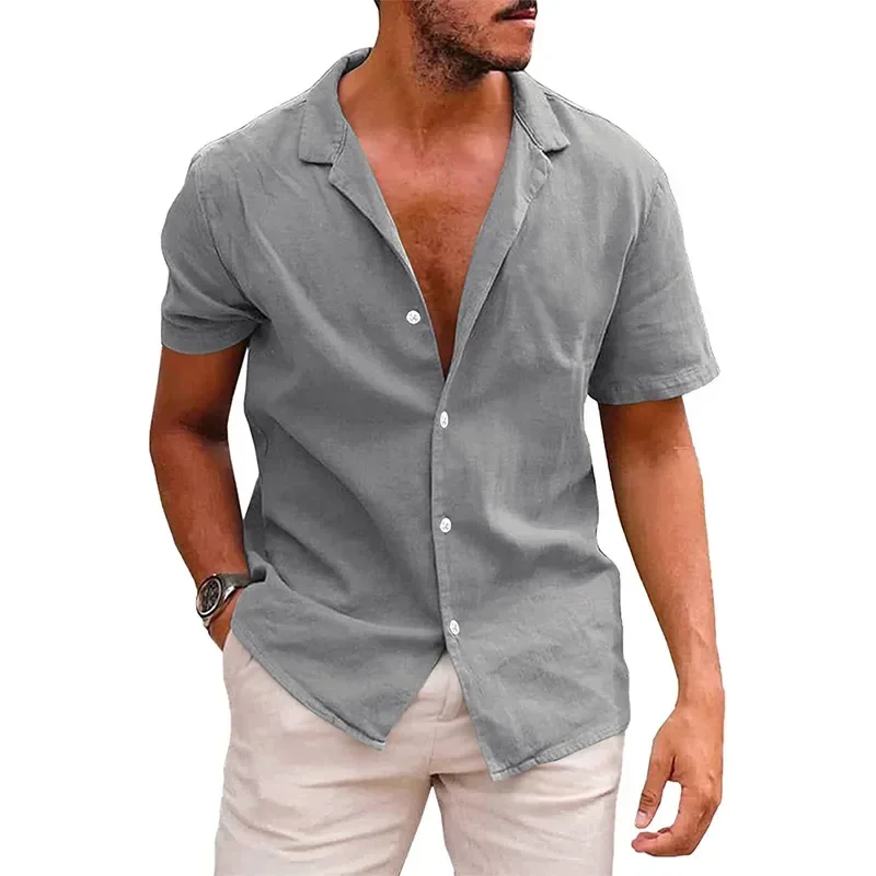 Męska letnia lniana koszula z krótkim rękawem w dużym rozmiarze Casual Loose White Button Green Blue Shirt Boys Plus Size Thin Tee Tops Xxl