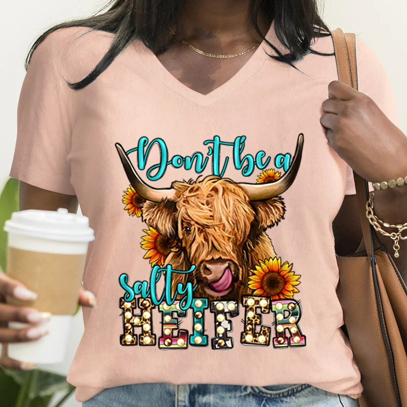 

Cattle Don't Be A Sally Heifer Print T-shirts For Women Short Sleeve Funny Print V-Neck Tee Shirts Casual Pure Color Summer Tops