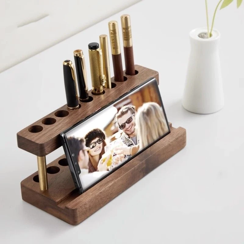 

Multifunction Walnut Pens Holder Desktop Storage Organizer Phone Stand Creative Office School Accessories Soild Wood Material