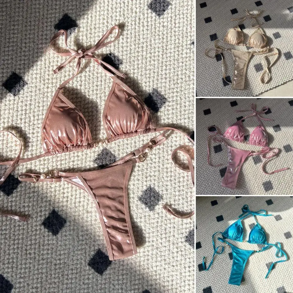 Tiefer V-Riemchen-Bikini-Set für Damen, helle Oberfläche, Neckholder-Bikini-Set mit Kunstperlen und Schnür-Tanga, schnell trocknend, für Strandbekleidung