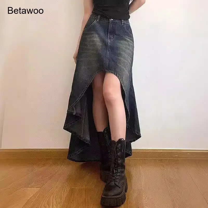 

Women Dark Denim High Low Maxi Skirt Front Slit Flared Hem Vintage Casual Asymmetrical Jean Skirt