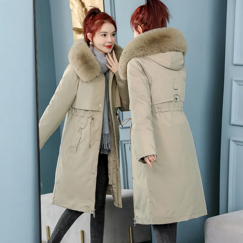 Women Hooded Parkas Coats Solid Jackets Zipper Detachable Pocket Drawstring Long Sleeves Longline Thick Slim Casual 2025 Winter
