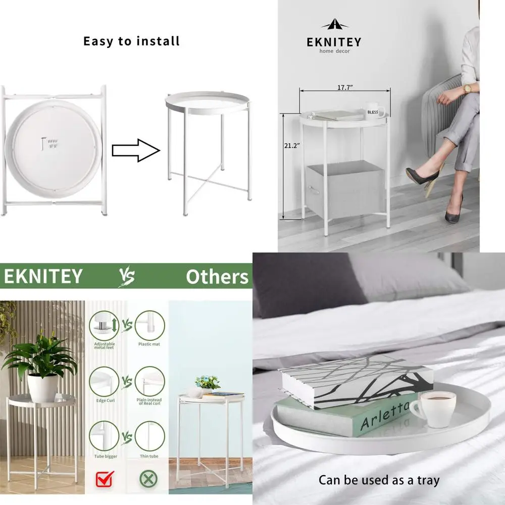 

Vintage Metal Side Table, Waterproof Small Coffee Table with Removable Tray for Living Room, Bedroom, Balcony, and Office