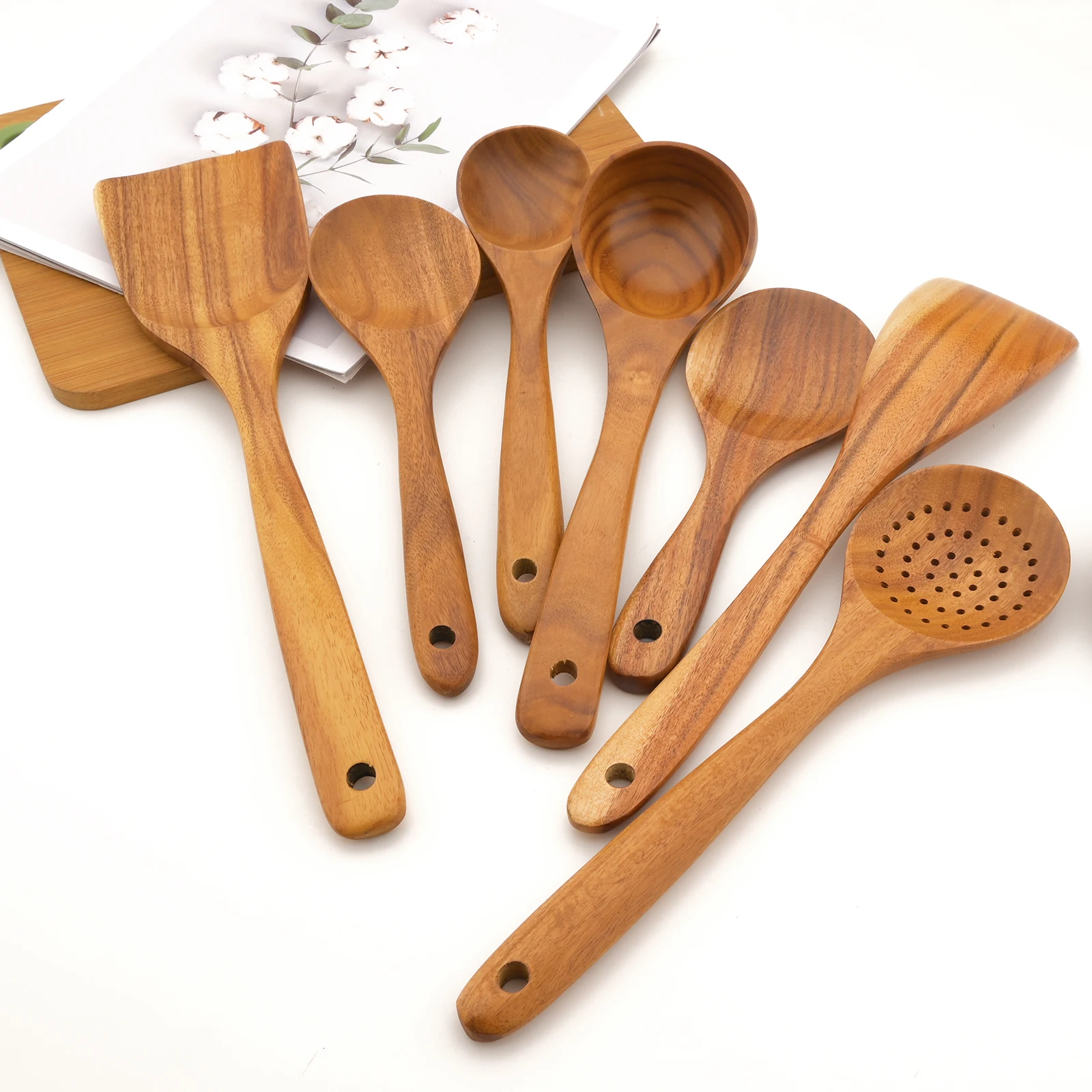 Drmfiy 2/4/7Pcs Natural Wood Dinnerware Long Rice Colander Soup Spoon Tableware Skimmer Cooking Spoons Kitchen Utensil Tool Set