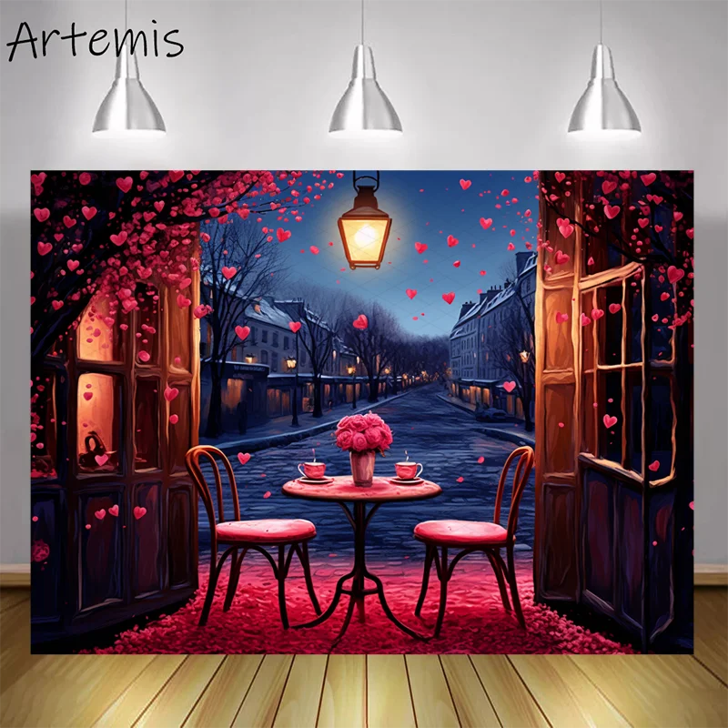 Valentine's Day Backdrop Cafe Painting Scenery Romantic Chalk Art Love Pink Children's Birthday Portrait Background Photo Studio