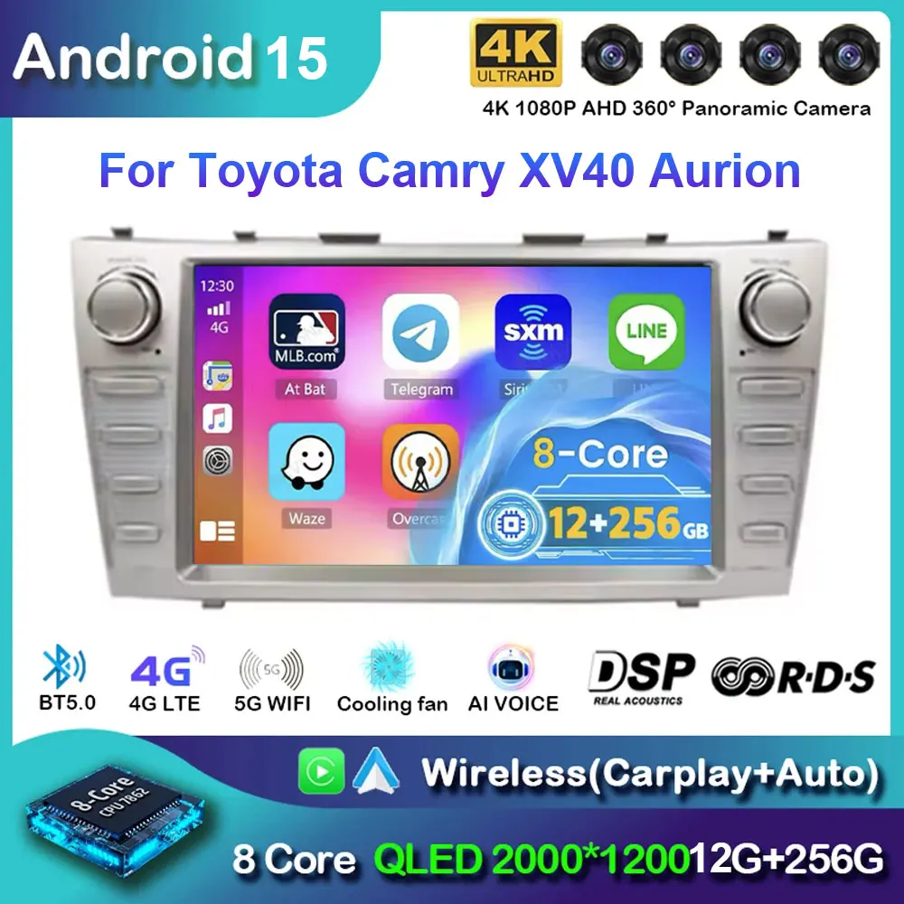 Carplay Auto Android 15 для Toyota Camry XV40 Aurion 2007-2011 2 Din Автомобильный мультимедийный стереоплеер GPS-навигация Wi-Fi FM 4G