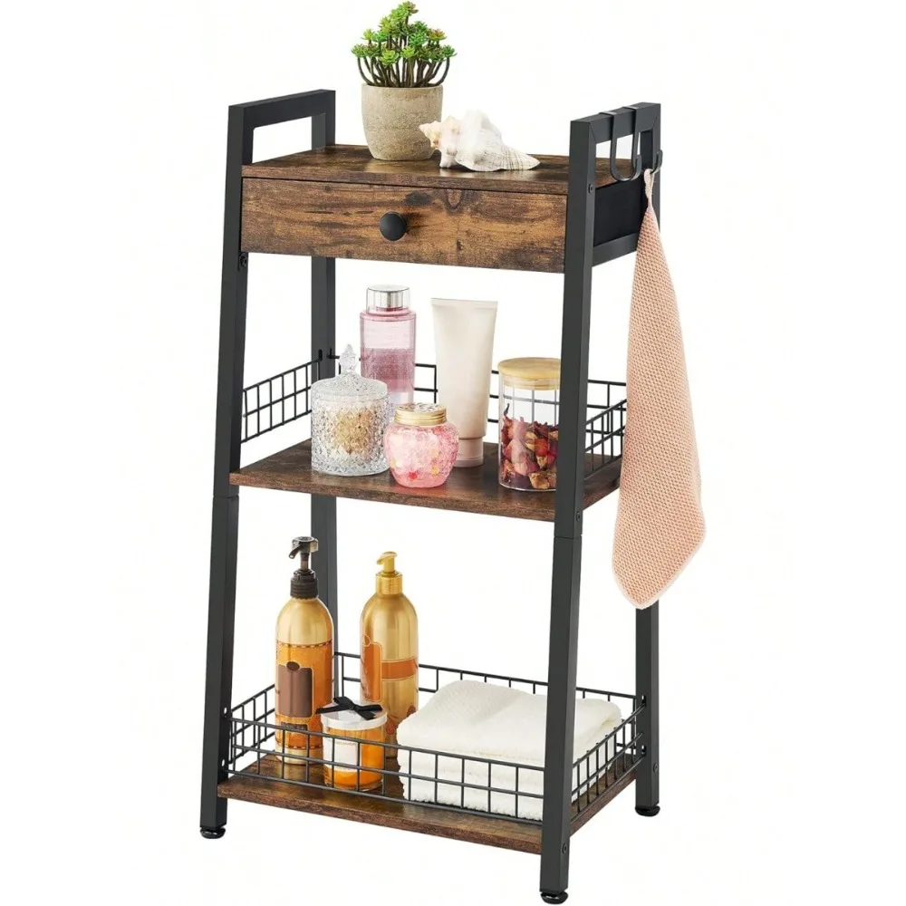 

Ladder Shelf With Drawer, Bathroom Stand Floor Storage Shelf, Freestanding Tower Shelf Ladder Table For Living R