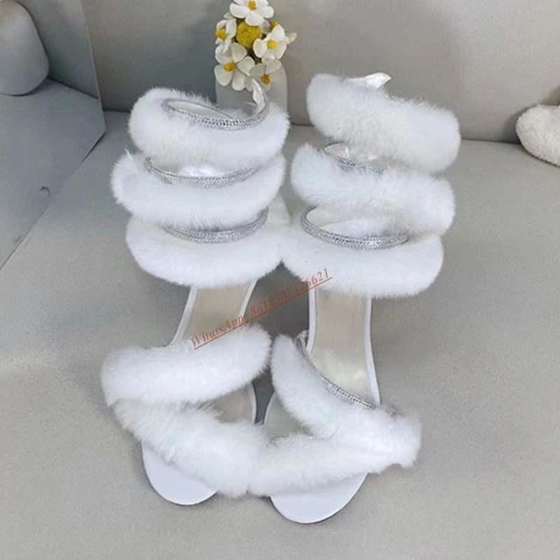 

Round Toe Snake Wrap Strap Rhinestone High Heel Stiletto Furry Sandals All-match Banquet Wedding Shoes