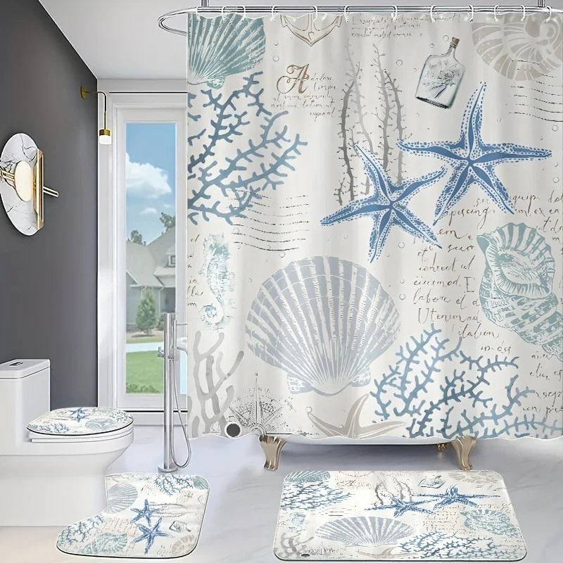 4pcs Waterproof Starfish Shell Coral Printed Shower Curtain Set with 12 Hooks, U-shaped Mat, Toilet Cover Mat, L-shaped Mat an