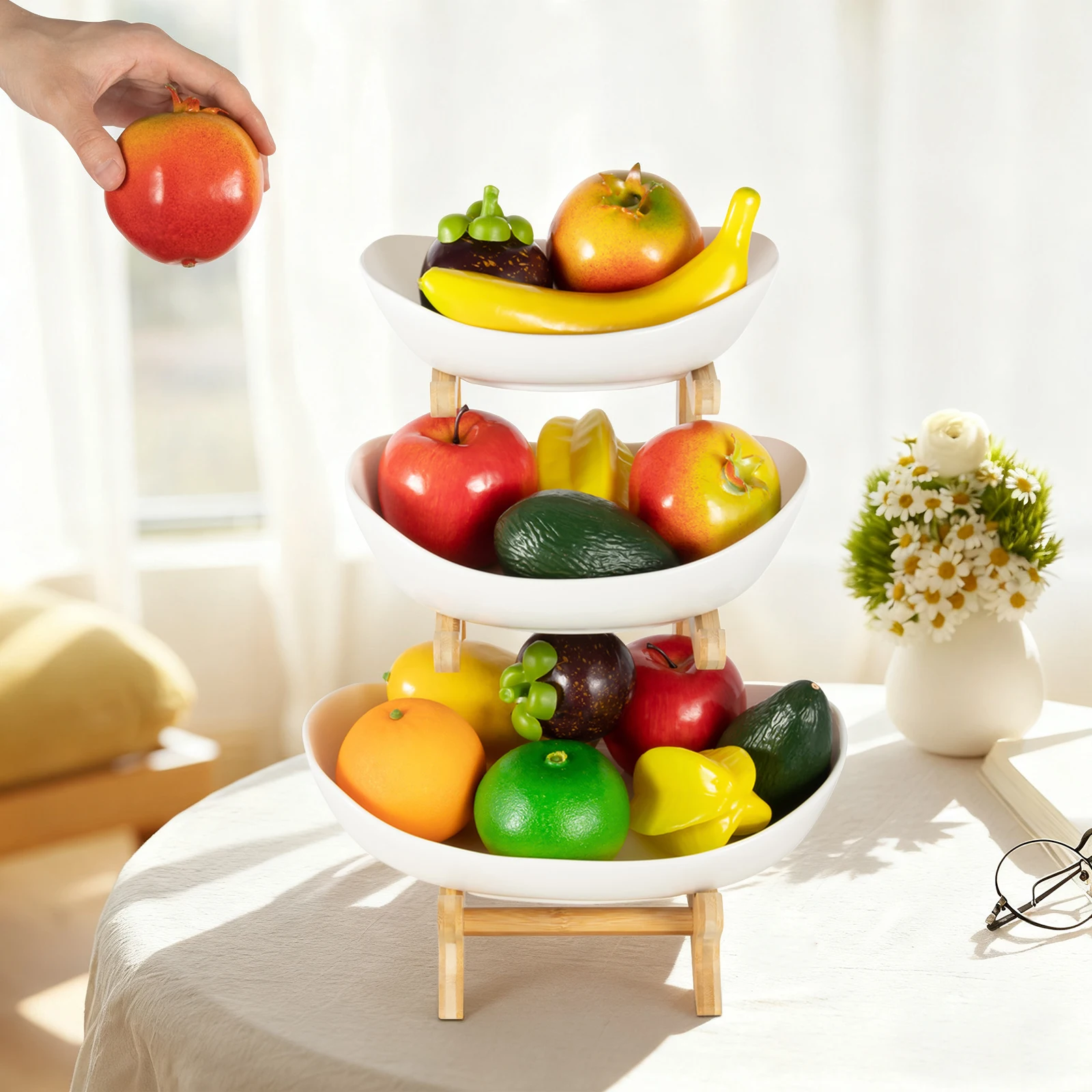 

3 Tier Bamboo Ceramic Fruit Bowl Detachable Oval Serving Trays Microwave Oven Freezer Safe Vertical Snack Storage Stand