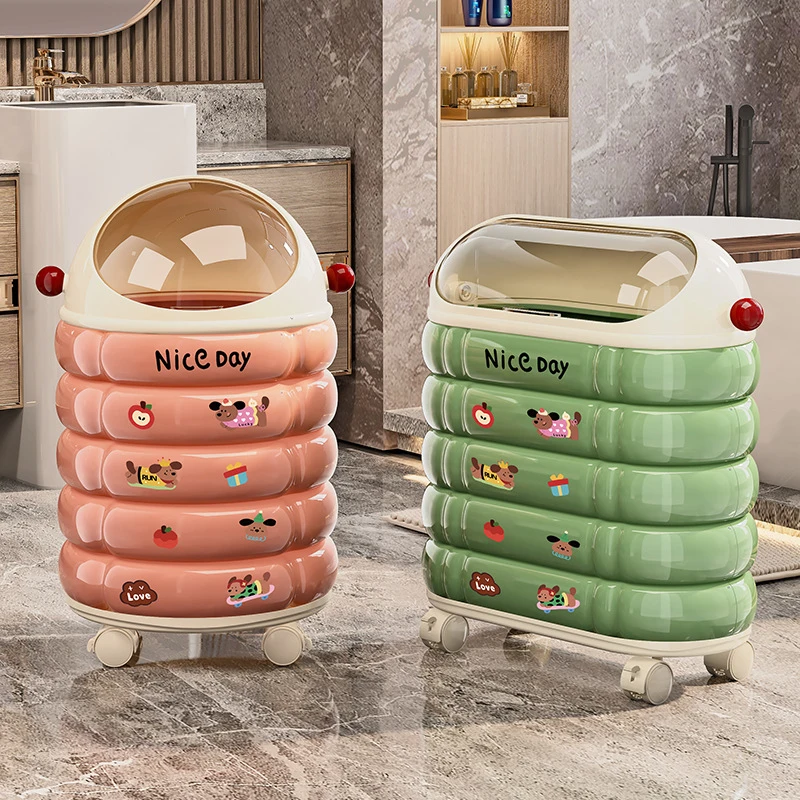 

Creative household trash bin with wheels, cute cartoon plastic storage bin, double-bin design, sealed with lid and wheels