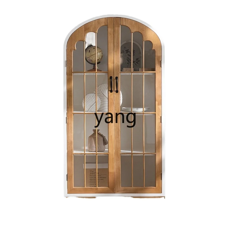 

Yjq Bookcase with Glass Door Household Solid Wood Wall Living Room Retro Multi-Layer Locker