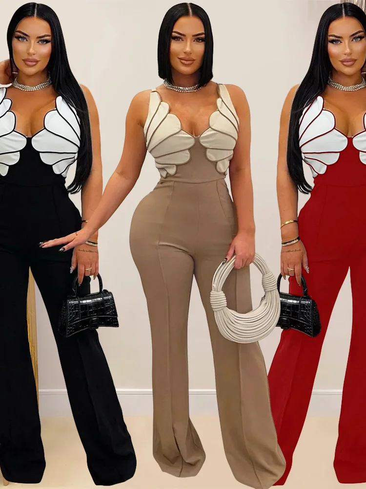 

Slimfit Vne Jumpsuit Svel Color Blo Women's One-Piece Pants Street Sle mid Waist Long Pants Polyester Fabric