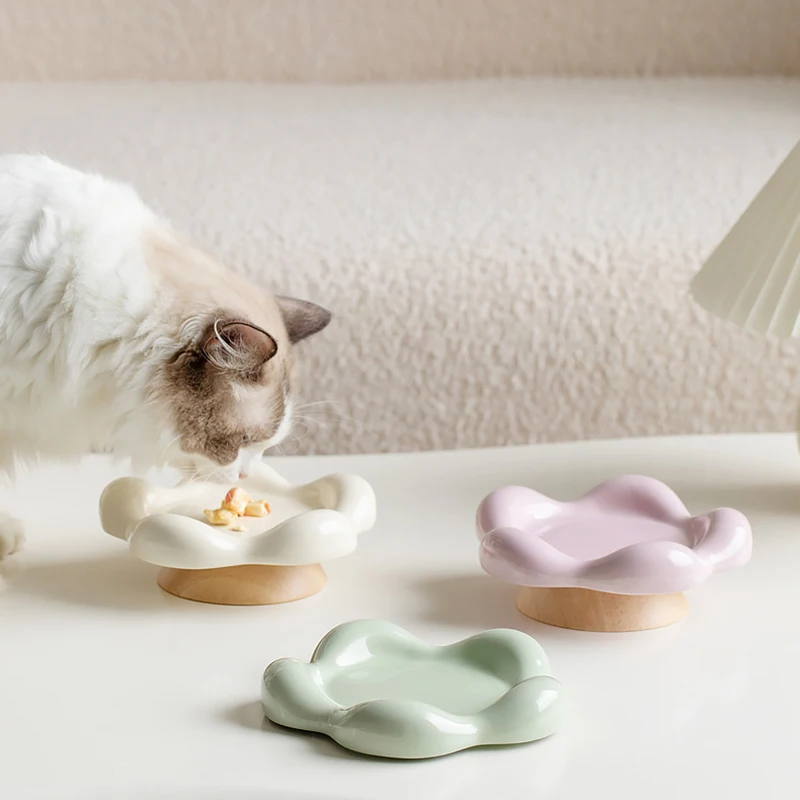 Cat Ceramic Bowl Small Pet Elevated Food Water Feeders Puppy Dog Drinking Eating Dish Plate with Wooden Stand