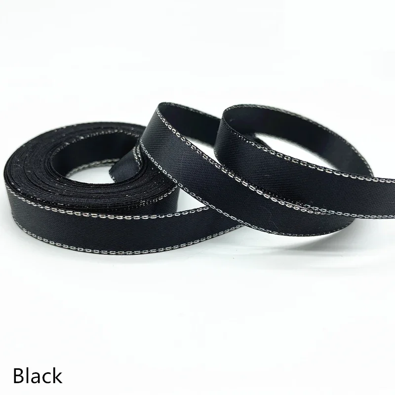 10mm High Quality Silver Metallic Edge Satin Ribbon Polyester For Flower Gift Packing Wedding Decoration DIY ,5 yds/lot