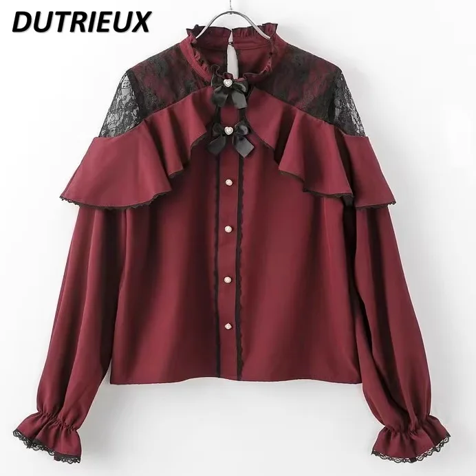 Japanese New Cute Mine Mass-produced Sister-wear Tops Lace Off-the-shoulder Long-sleeved Bow Solid-color Versatile Shirt