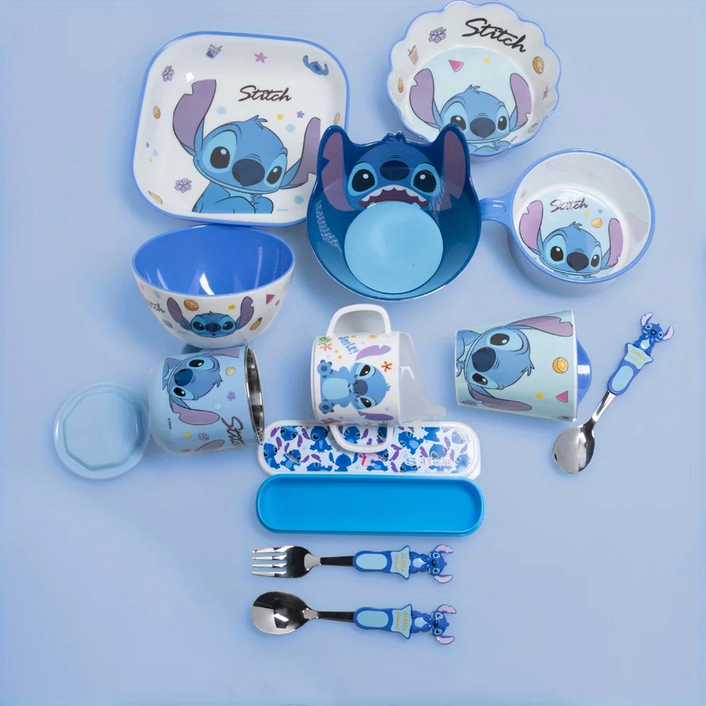 1pc Disney Cartoon Stitch tableware set includes plates, bowls, cups, forks and spoons, cute and fun tableware, family dinner