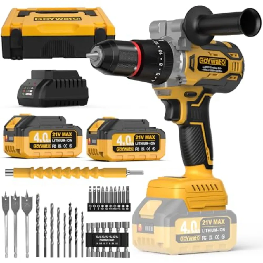 

1239Inlbs Cordless Hammer Drill - 140Nm 21V Brushless Electric Power Impact Drill Set with 2 x 4.0Ah Battery and 1/2 Inch Self-