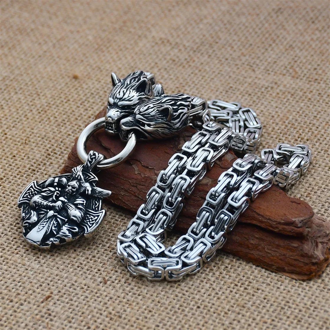 Viking Wolf Head King Chain Necklace Nordic Odin Warrior Crow Pendant Men's Rune Amulet Accessories Viking Jewelry