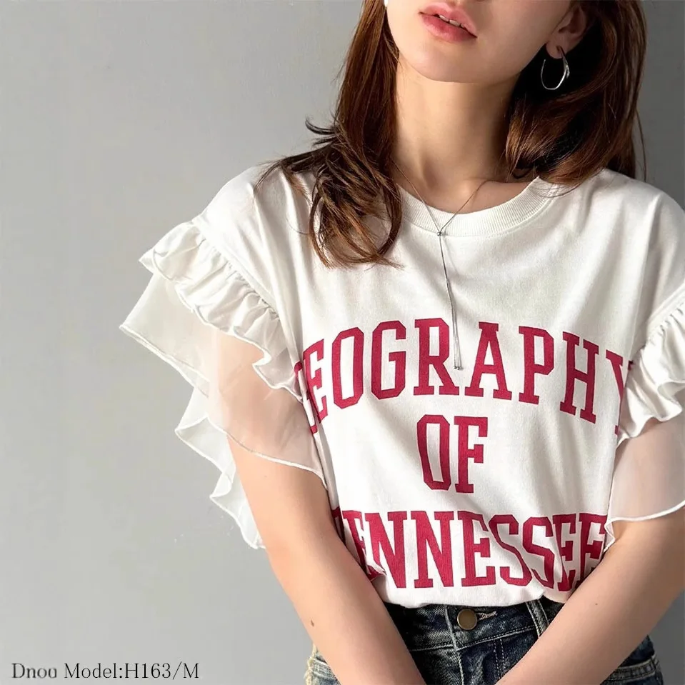 Summer Cotton Classic Letter Print Fashion Versatile Short Sleeve Round Neck Petal Sleeve T-Shirt Top