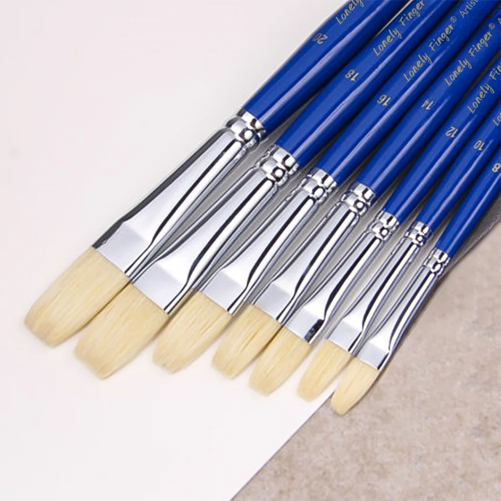 Professional Hog Bristle Flat Oil Paint Brushes Set, 7pcs Long Wooden Handle Natural Chungking Hog for Oil Acrylic Painting