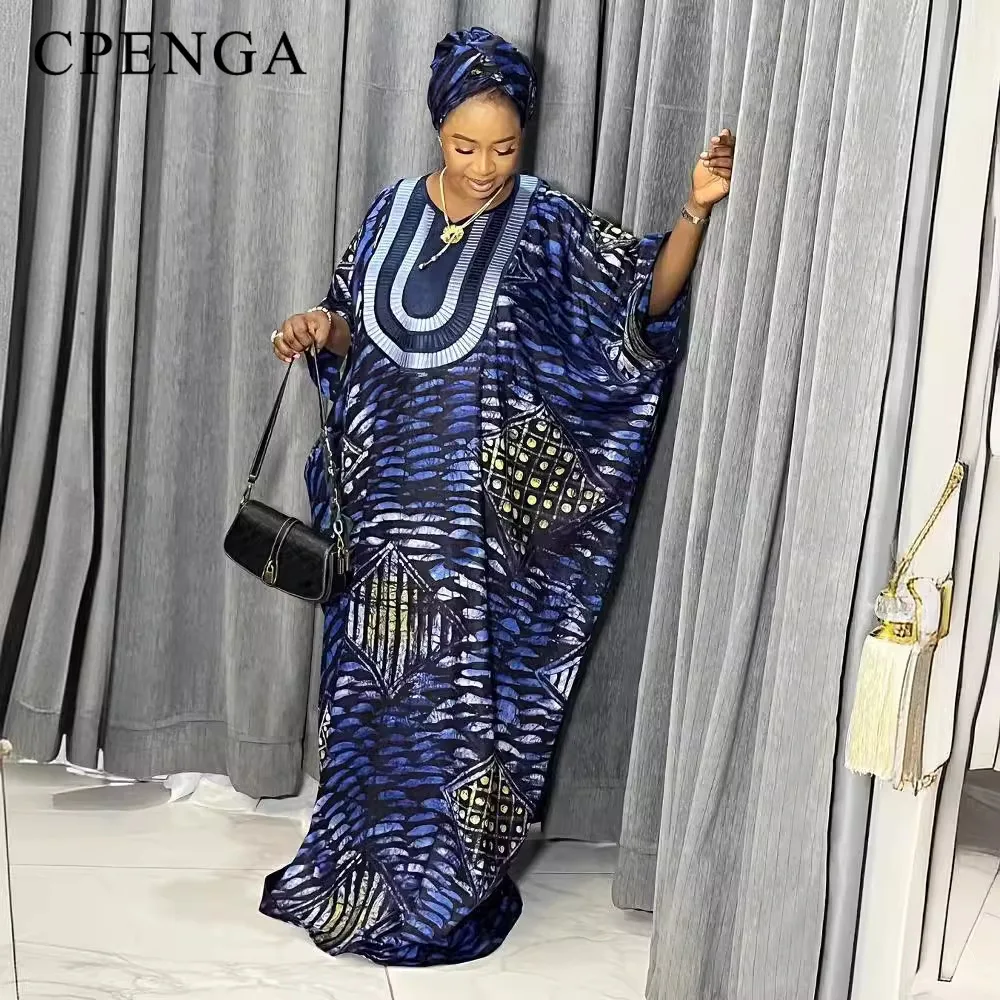 2 Pieces Printed African Dress for Women with Headtie Elegant Wedding Evening Party Dresses Plus Size Dashiki Anakra Kaftan Robe