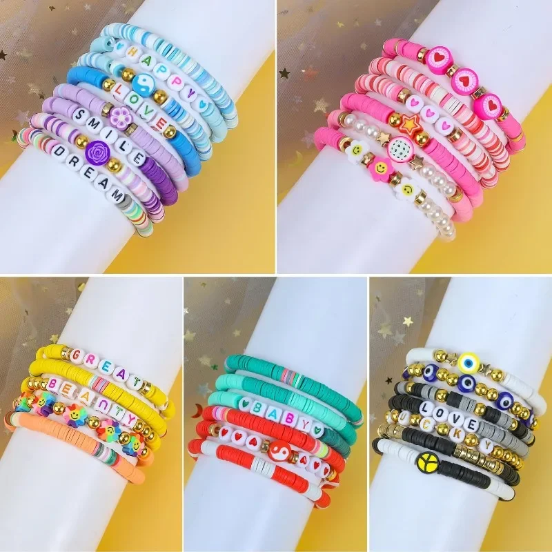 32 Pcs Clay Bead Colorful Surfer Heishi Bracelet Set Stackable Beaded Friendship Boho Beach Elastic Layering Bracelets for Women