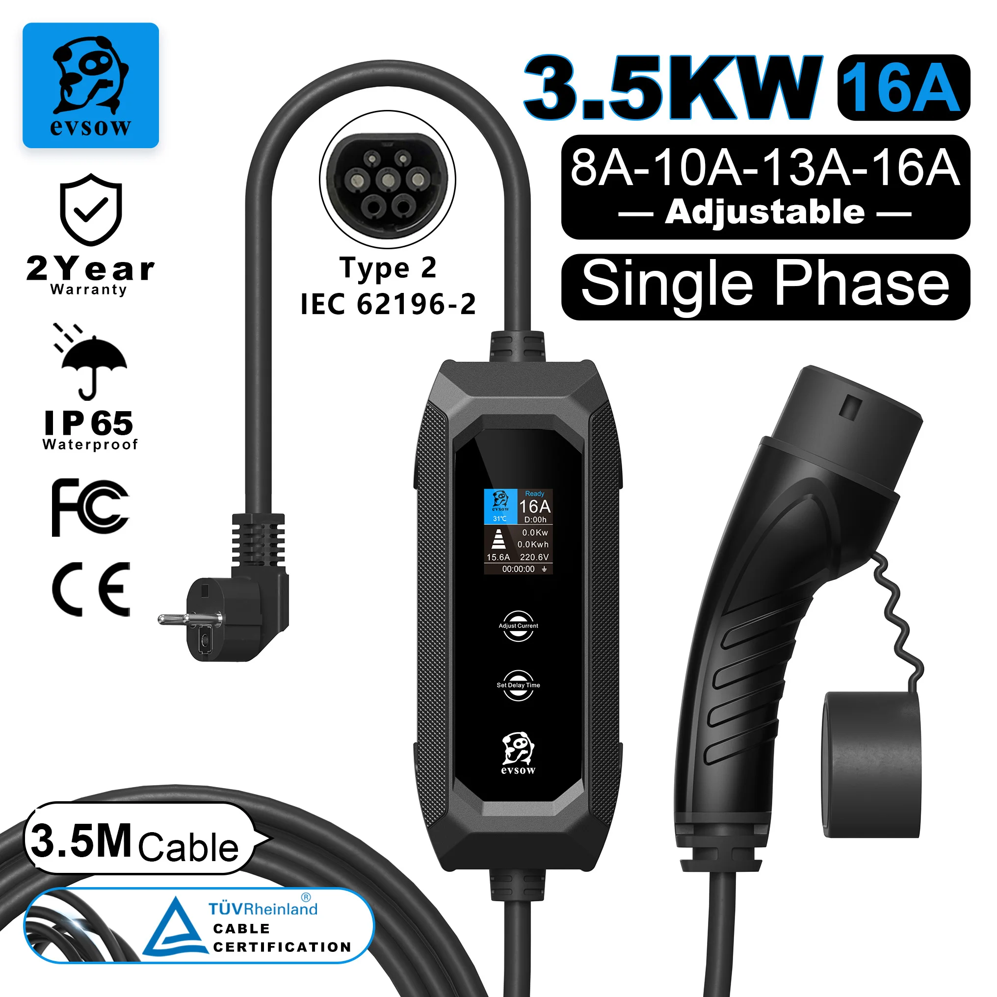 

evsow Type2 EV Charger IEC 6219-2 3.5kW Portable Electric Car Charger 1P 16A Adjustable Current&Set Charging Time EVSE Charger