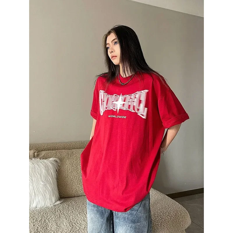 Oversized Y2K Vintage Letter Star Print T Shirts Korean Trend Streetwear Red Short Sleeve Tees Hip Hop Harajuku Black Top Women