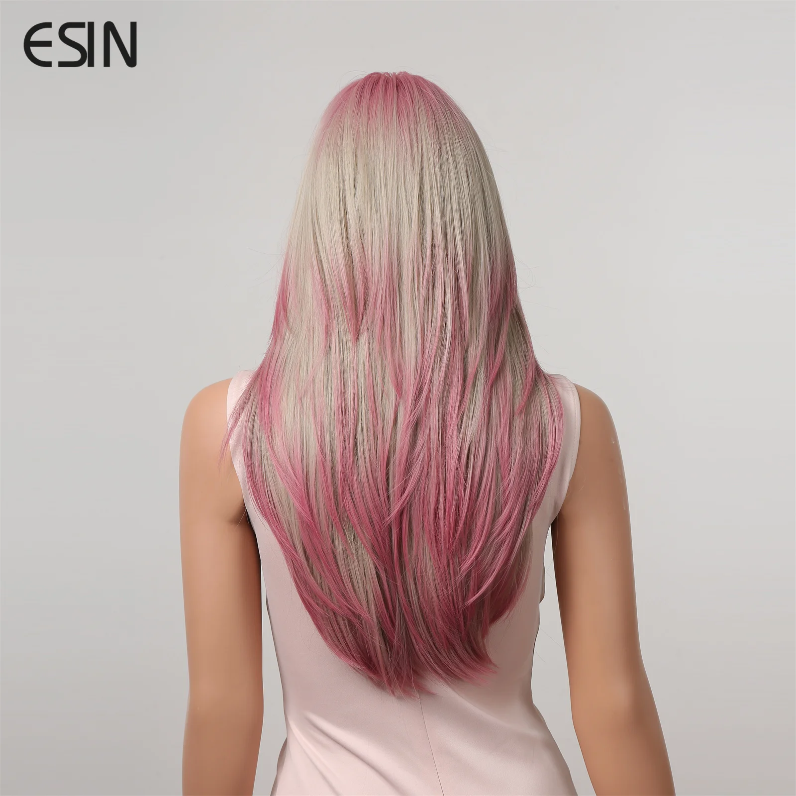 ESIN-peluca sintética para mujer, pelo en capas degradado con raíces oscuras, Color marrón y morado mezclado medio