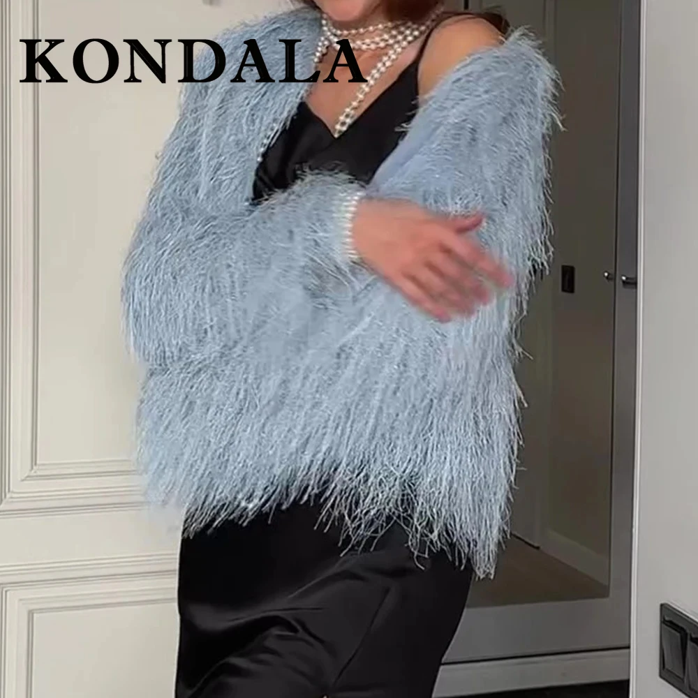 Kondala chique borla azul aniversário casaco curto moda 2025 vintage feminino elegante couro falso outwear noite festa outono y2k jaqueta