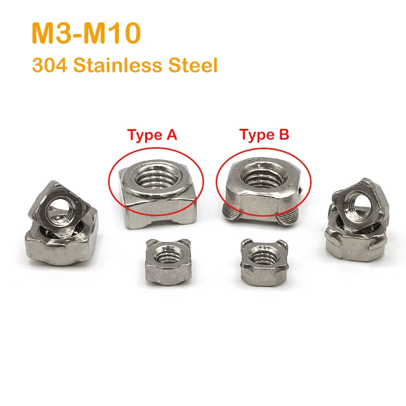 5~20PCS Square Welding Nut Type A/Type B Screw Cap M3 M4 M5 M6 M8 M10 304 Stainless Steel Spot Welding of four Angle Nuts
