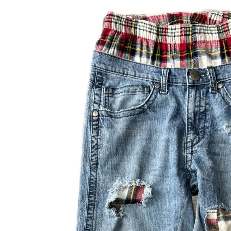 Fashion new American high street retro imitation old red plaid double pants design straight jeans Ins Style