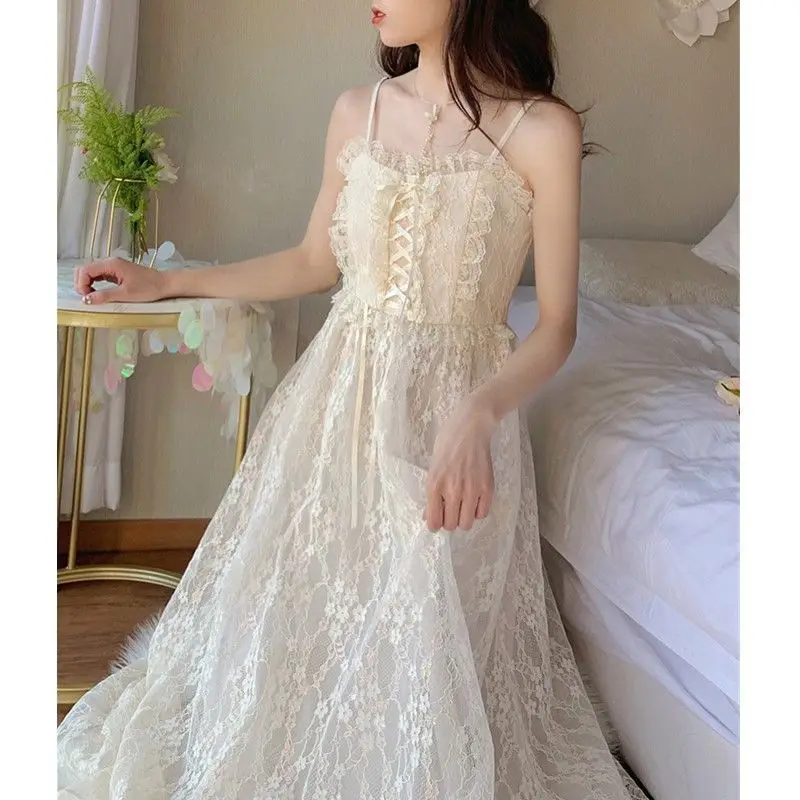 2023 New Summer Fashion Retro French First Love Apricot Chest Lace Jacquard Strap Super Fairy Slim Mid Length Fairy Dress