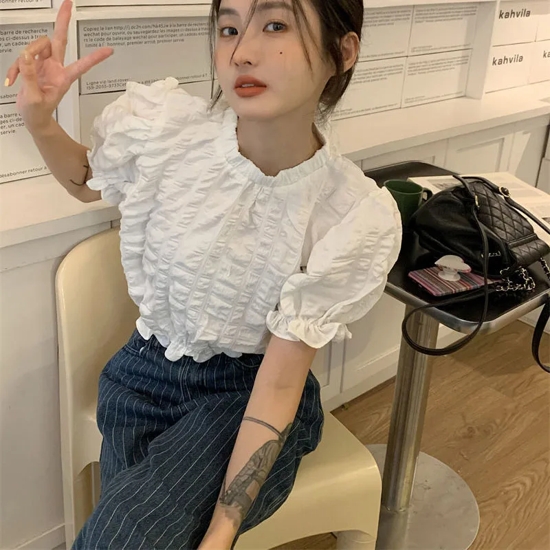 Folds Shirts and Blouses Korea Ruffles Fashion Woman Blouse 2024 Short Sleeve Ladies Top Female O-neck Casual Clothes 2024 New