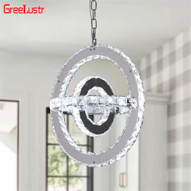 Modern 3-Ring Rotating LED Ceiling Lamp K9 Crystal Chandelier Light Luxury Stainless Steel Corridor Fixtures For Farmhouse Decor