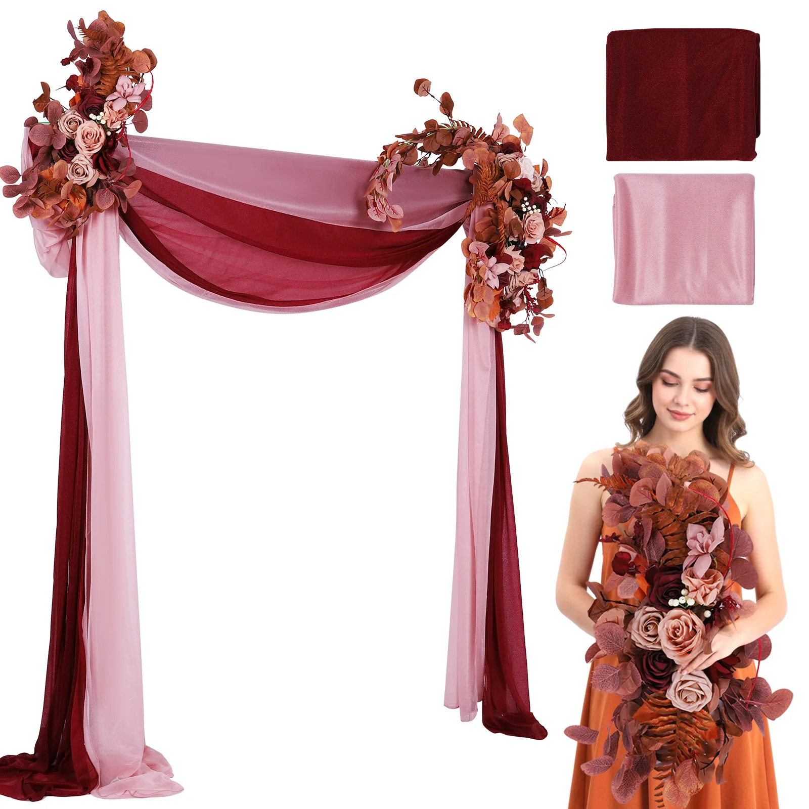 

Pack of 4 Wedding Arch Flowers Kit with Sheer Drapes Wedding Arch Artificial Flowers Kit for Ceremony Reception Stage Decor