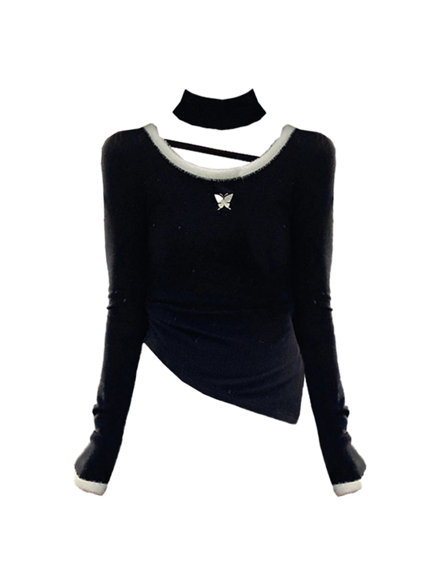 

Women's Black Gothic Emo T-shirt Aesthetic Y2k Gyaru Tee Top Vintage Long Sleeve Oversize Knit T-shirts 2000s Clothes Autum 2025