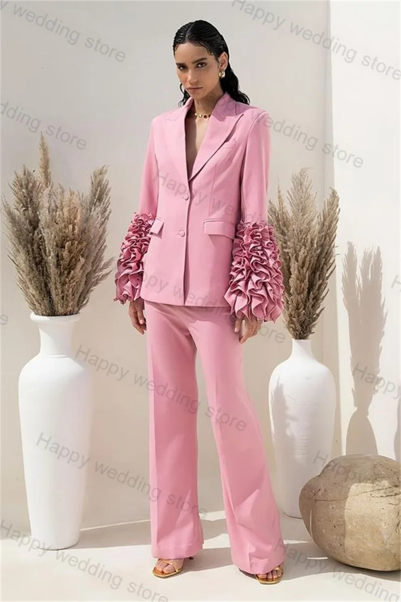 Setelan jas celana wanita, Pink Wanita Set 2 buah Blazer + celana panjang kerut Lengan Formal kontes pernikahan jaket tuksedo disesuaikan gaun Prom