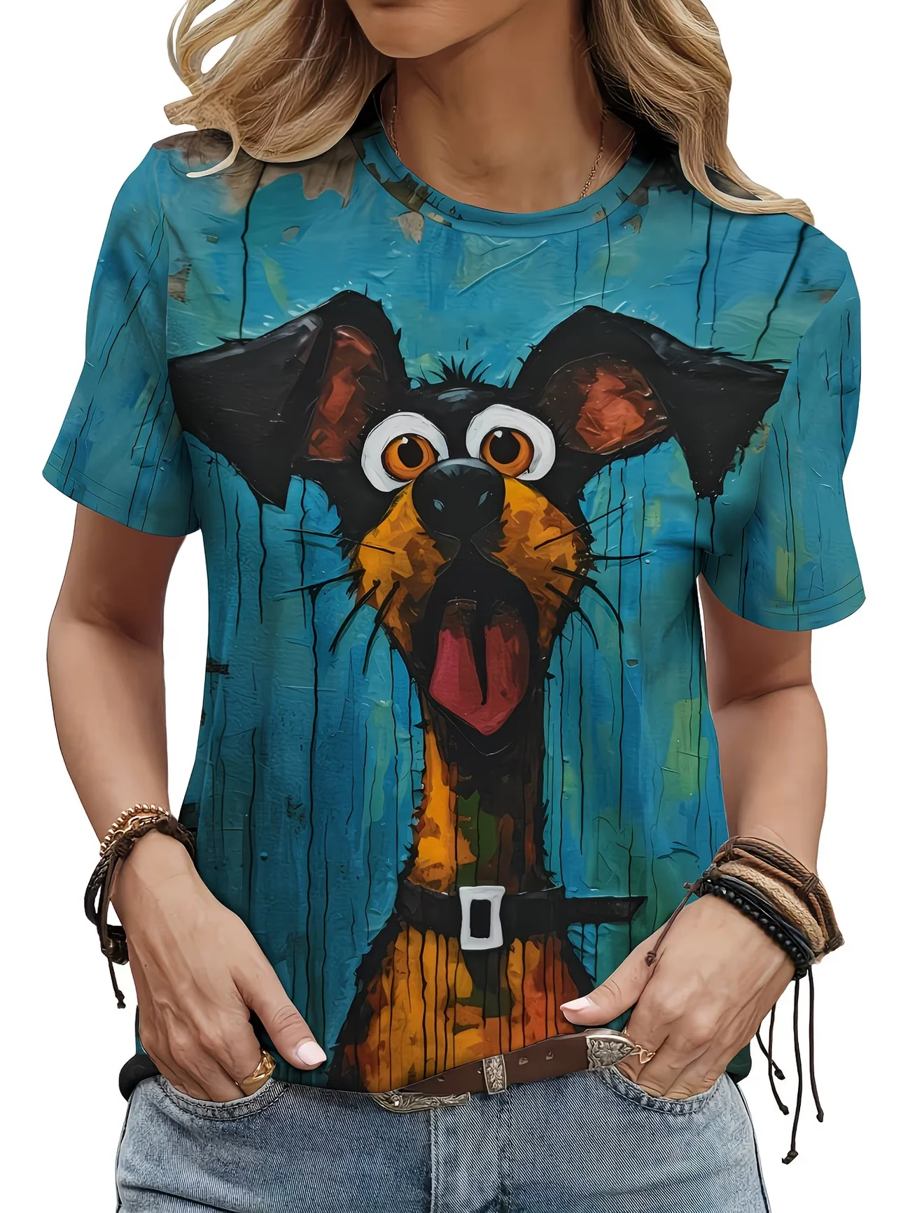 New men's and women's loose round neck short sleeved cute dog letter paw print T-shirt for women's casual daily wear