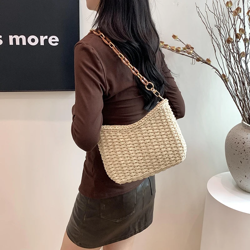 Green Design Straw Bag 2024 Fashion Chain Shoulder Handbag And Purse Boho Beach Bag Rattan Handmade Female Bag Summer Bolsos